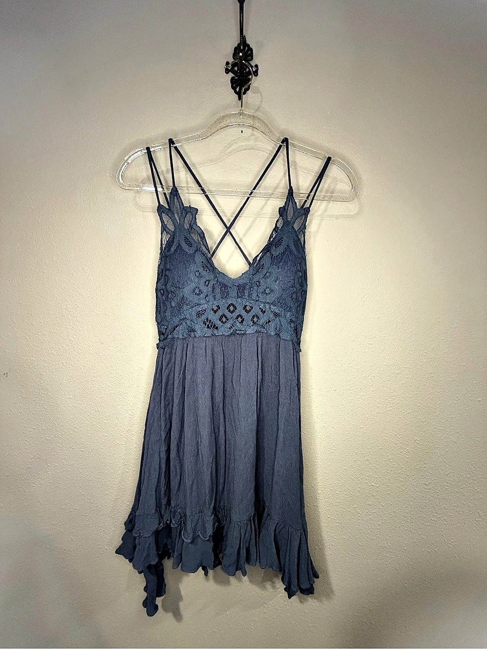 La Miel Crochet Lace Trim Slip Mini Dress Blue Medium Like New